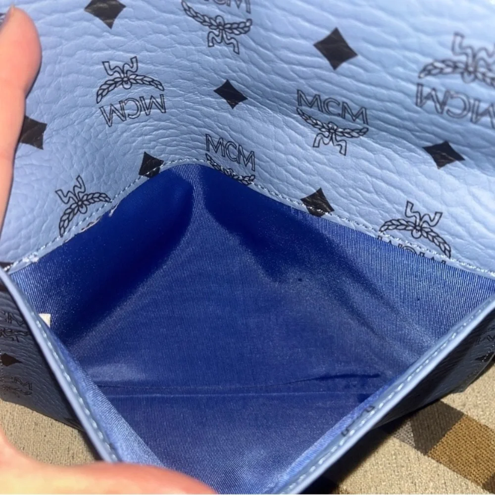 MCM Sky Blue Leather Clutch with Black Accents & Unbranded Gold Chain NO BOX - Picture 3 of 7